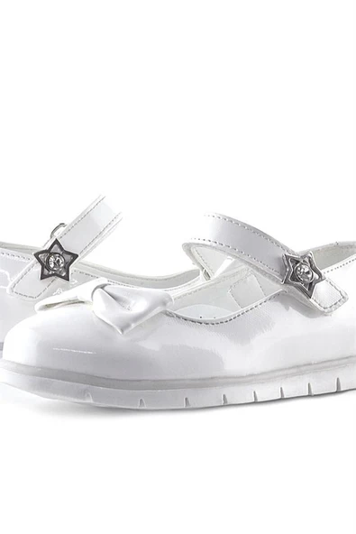 Rakerplus Beyaz Rugan Fiyonklu Yıldız Detaylı Cırtlı Kız Çocuk Babet - Resim 8