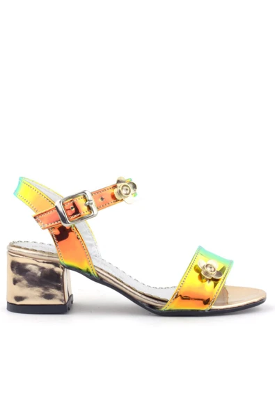 Pony Hologram Bakır Yeşil Kalın Topuklu Çiçek Detaylı Kız Çocuk Abiye Ayakkabı - Resim 2