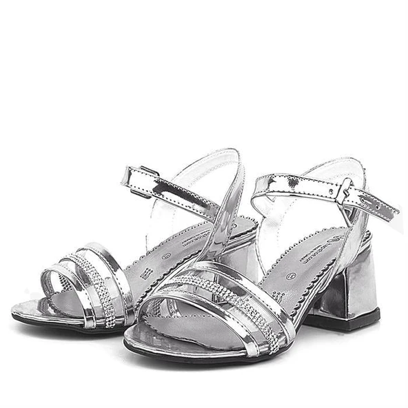 Platin Gri Rugan Taşlı Kalın Kız Çocuk Abiye Topuklu Ayakkabı - Resim 12