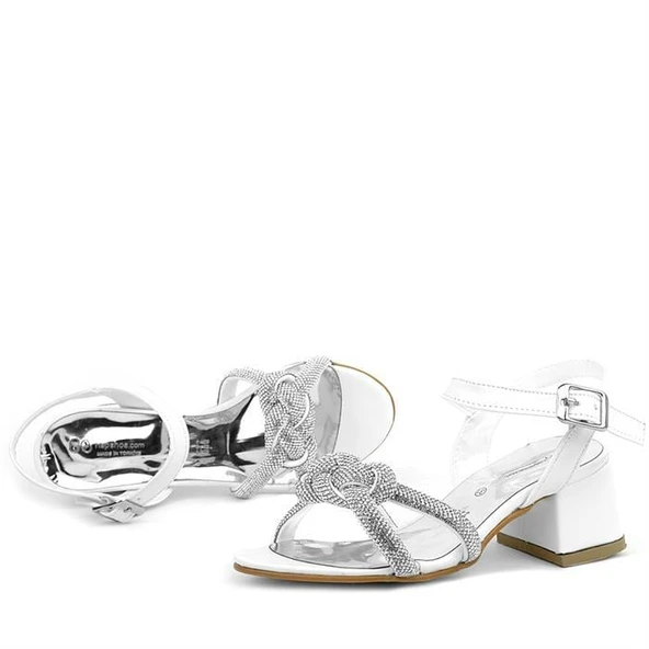 Beyaz Örgü Taşlı Kız Çocuk Abiye Kalın Topuklu Ayakkabı - Resim 8