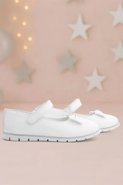 Rakerplus Beyaz Rugan Fiyonklu Cırtlı Kız Çocuk Babet ürün görseli