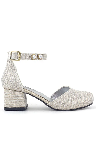 Merida Gold Simli Kalın Topuklu İnci Detaylı Kız Çocuk Topuklu Ayakkabı - Resim 2