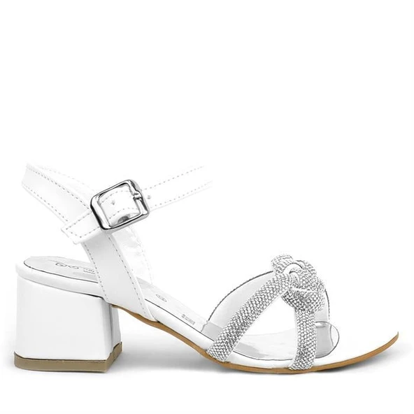 Beyaz Örgü Taşlı Kız Çocuk Abiye Kalın Topuklu Ayakkabı - Resim 3