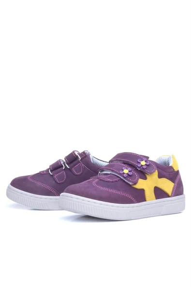 Rakerplus Hakiki Deri Mor Sarı Cırtlı Çiçek Detaylı Kız Çocuk Günlük Ayakkabı - Resim 6