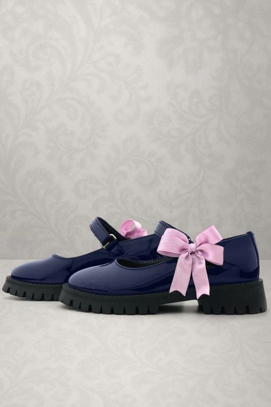 Rakerplus Lacivert Rugan Cırtlı Kalın Tabanlı Kurdeleli Kız Çocuk Okul Ayakkabısı