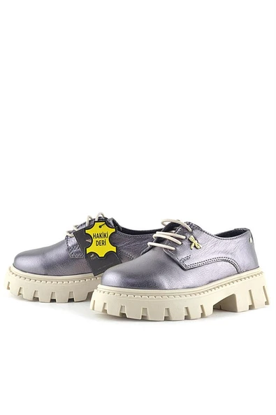 Rakerplus Platin Hakiki Deri Toka Detaylı Bağcıklı Kız Çocuk Günlük Ayakkabı - Resim 6