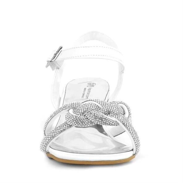 Beyaz Örgü Taşlı Kız Çocuk Abiye Kalın Topuklu Ayakkabı - Resim 4