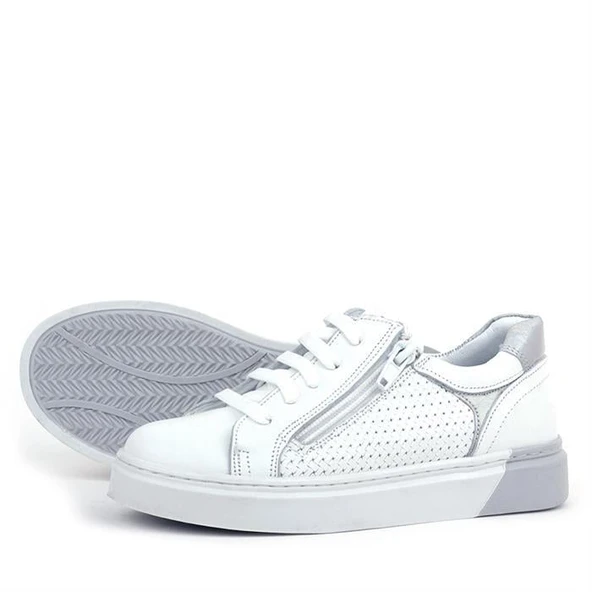 Hakiki Deri Alessio Beyaz Bağcıklı Kız Çocuk Spor Okul Ayakkabısı - 5