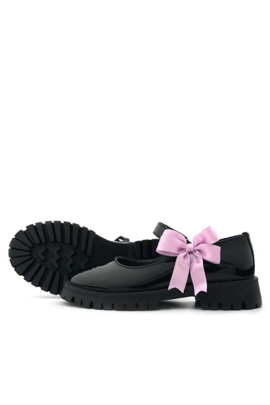 Rakerplus Siyah Rugan Cırtlı Kalın Tabanlı Kurdeleli Kız Çocuk Okul Ayakkabısı - 7