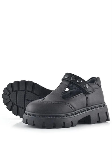 Rakerplus Hakiki Deri Siyah Cırtlı Metal Detaylı Kız Çocuk Günlük Ayakkabı - Resim 7