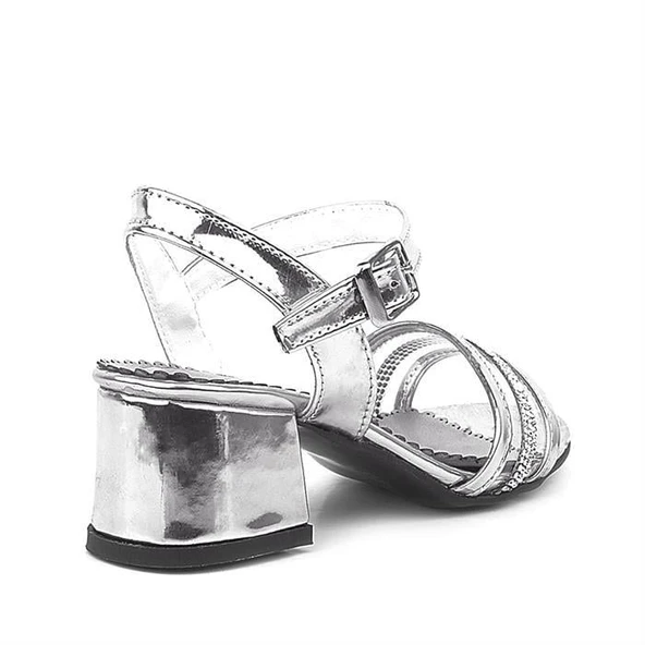 Platin Gri Rugan Taşlı Kalın Kız Çocuk Abiye Topuklu Ayakkabı - Resim 10