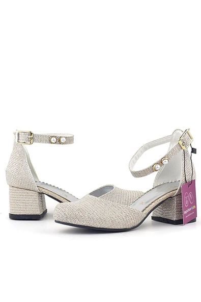 Merida Gold Simli Kalın Topuklu İnci Detaylı Kız Çocuk Topuklu Ayakkabı - Resim 5