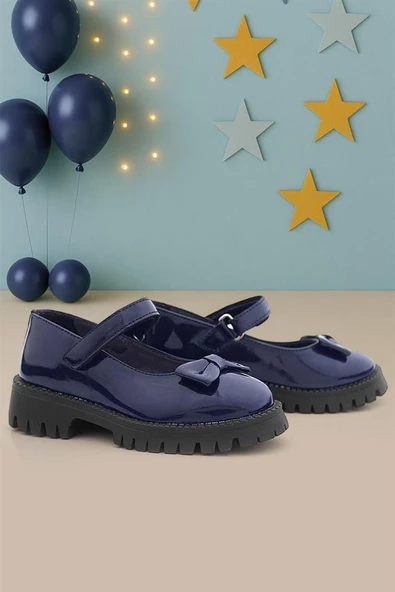 Rakerplus Lacivert Rugan Kalın Tabanlı Cırtlı Kız Çocuk Babet - Resim 9