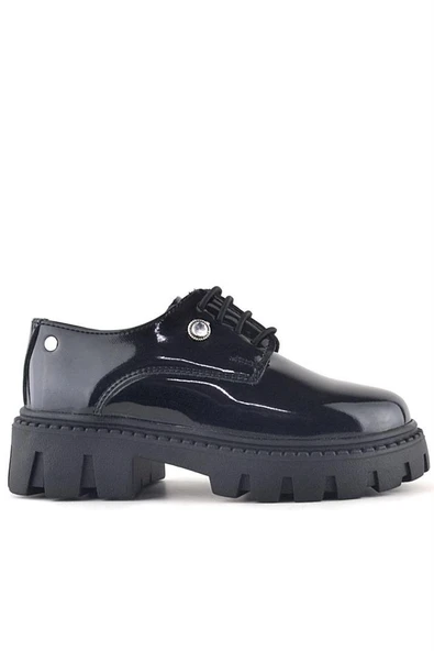 Rakerplus Siyah Rugan Bağcıklı Kız Çocuk Taş Detaylı Okul Ayakkabı - 2