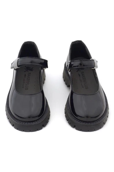 Rakerplus Siyah Rugan Cırtlı Kalın Tabanlı Metal Detaylı Kız Çocuk Okul Ayakkabısı - 9