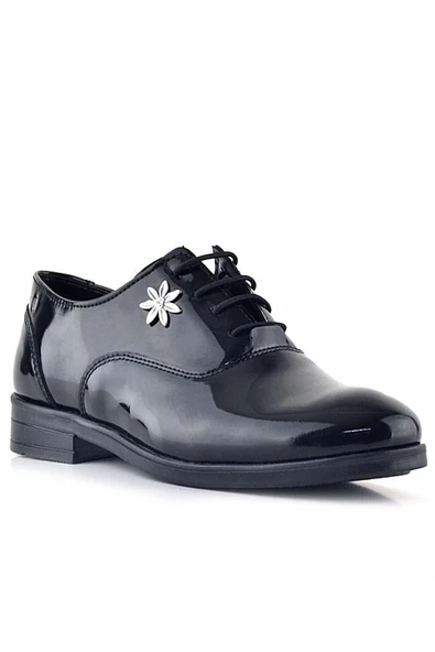 Rakerplus Siyah Rugan Bağcıklı Çiçek Detaylı Çocuk Klasik Ayakkabısı - Resim 10