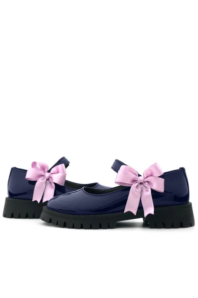 Rakerplus Lacivert Rugan Cırtlı Kalın Tabanlı Kurdeleli Kız Çocuk Okul Ayakkabısı - 8