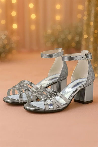 Belle Platin Kalın Topuklu Kız Çocuk Abiye Ayakkabı ürün görseli