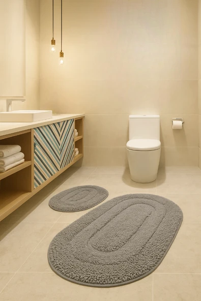 %100 Pamuk Dokuma, Su Emici, Banyo Paspas Seti, Banyo Halısı Vera 2'li Klozet Takım 60x100-60x50