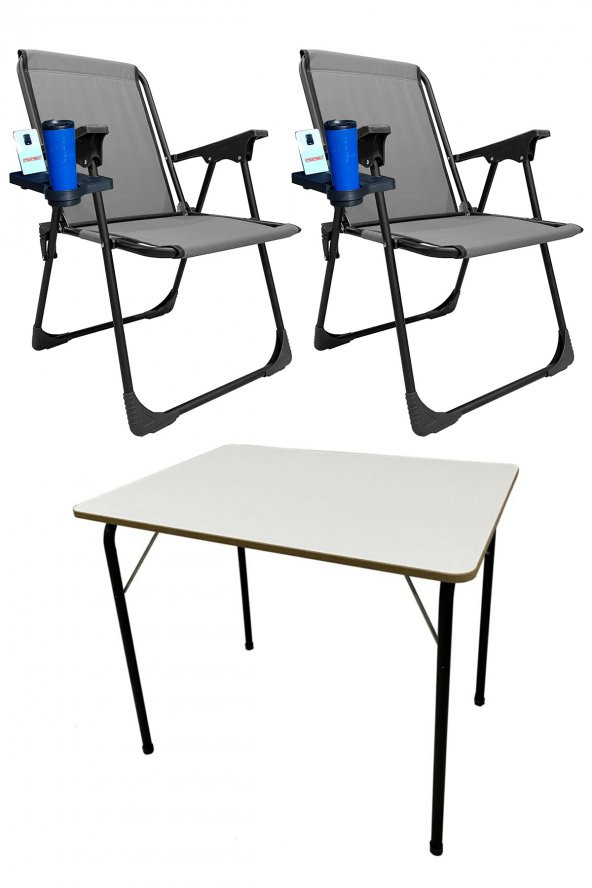 2 Adet Bardaklıklı Katlanır Kamp Sandalyesi ve MDF Kamp Masası