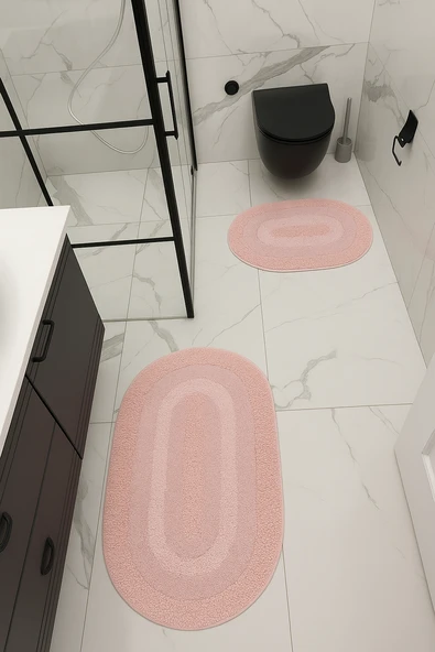 %100 Pamuk Dokuma, Su Emici, Banyo Paspas Seti, Banyo Halısı Vera 2'li Klozet Takım 60x100-60x50 - 6