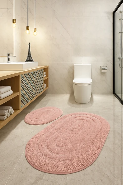 %100 Pamuk Dokuma, Su Emici, Banyo Paspas Seti, Banyo Halısı Vera 2'li Klozet Takım 60x100-60x50