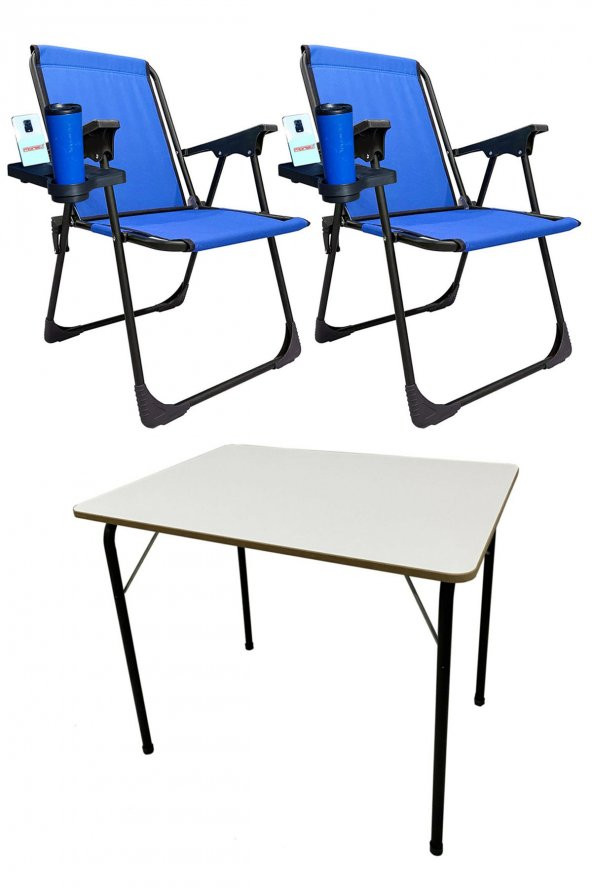 2 Adet Bardaklıklı Katlanır Kamp Sandalyesi ve MDF Kamp Masası