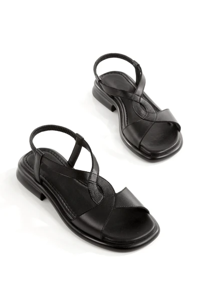 Salesso Siyah Hakiki Deri Hafif Yumuşak Lastikli Günlük Sandalet - Resim 5