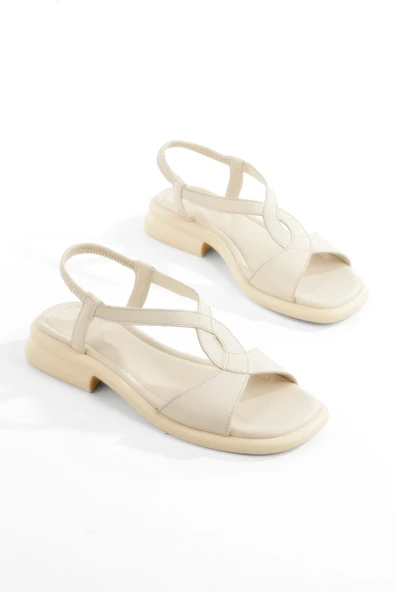 Salesso Bej Rengi Hakiki Deri Hafif Yumuşak Lastikli Günlük Sandalet - 5