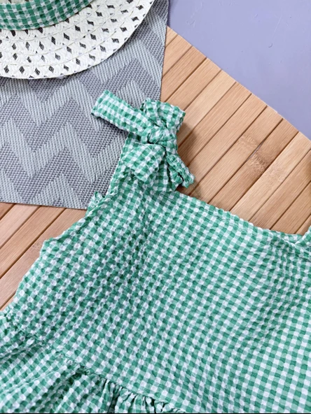 Kareli Desenli Ekose Fırfırlı Omuzdan Bağlamalı Yazlık Elbise Yeşil - Resim 3