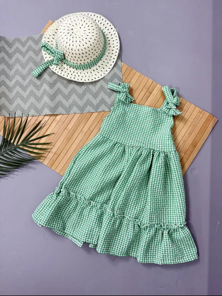 Kareli Desenli Ekose Fırfırlı Omuzdan Bağlamalı Yazlık Elbise Yeşil - Resim 2