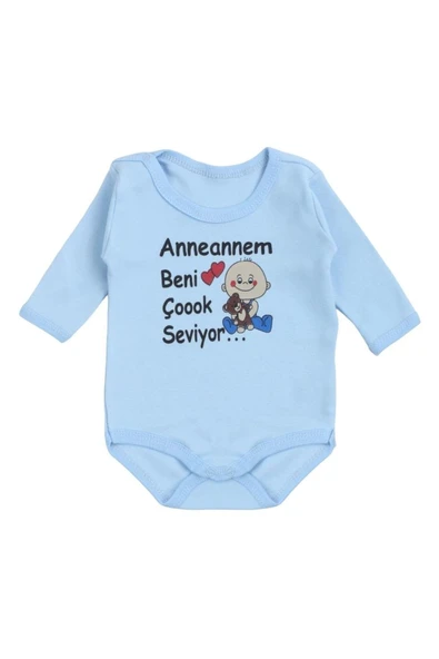 Anneannem Beni Çook Seviyor Baskılı Uzun Kollu Bebek Body Mavi ürün görseli