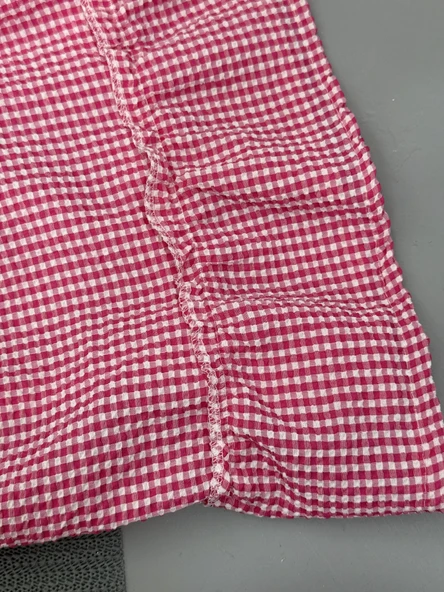 Kareli Desenli Ekose Fırfırlı Omuzdan Bağlamalı Yazlık Elbise Kırmızı + Şapka - Resim 5