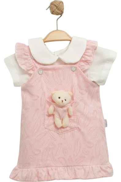Ayıcık Detaylı Fırfırlı Kız Bebek Elbise Pudra - 1
