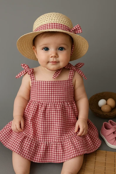 Kareli Desenli Ekose Fırfırlı Omuzdan Bağlamalı Yazlık Elbise Kırmızı + Şapka ürün görseli 1