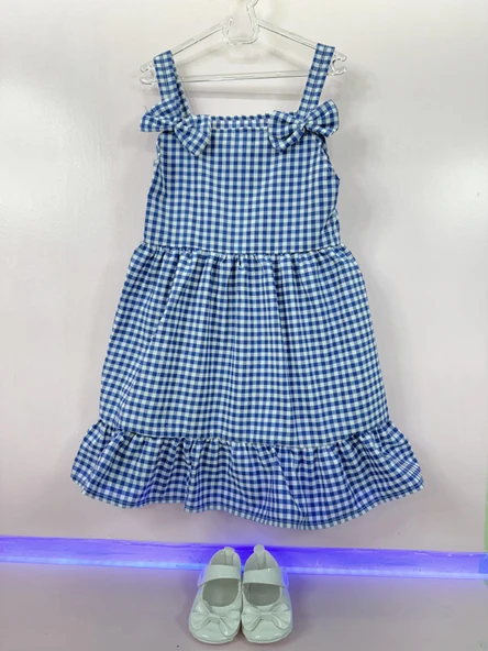 Kareli Desenli Ekose Fırfırlı Omuzdan Bağlamalı Yazlık Elbise Mavi - Resim 2