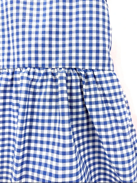 Kareli Desenli Ekose Fırfırlı Omuzdan Bağlamalı Yazlık Elbise Mavi - Resim 3