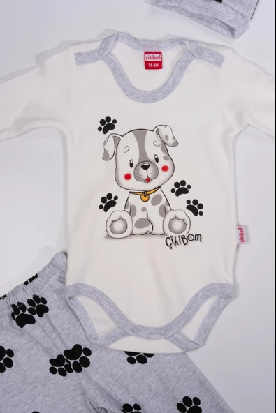 Köpek Baskılı Erkek Bebek 3'lü Body Takım Gri - Resim 5