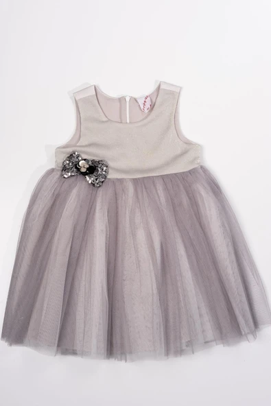 Çiçek Detaylı Tüllü Kız Çocuk Abiye Elbise Bej ürün görseli 1