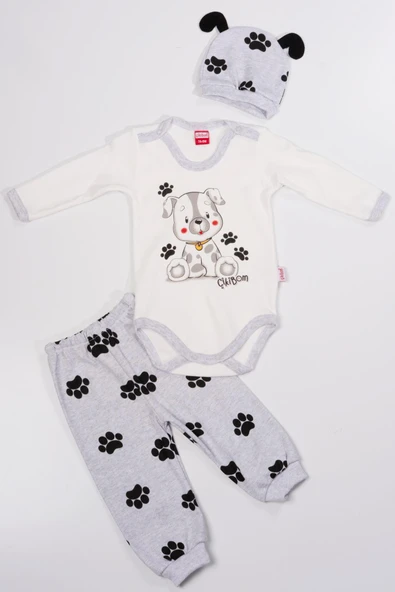 Köpek Baskılı Erkek Bebek 3'lü Body Takım Gri ürün görseli