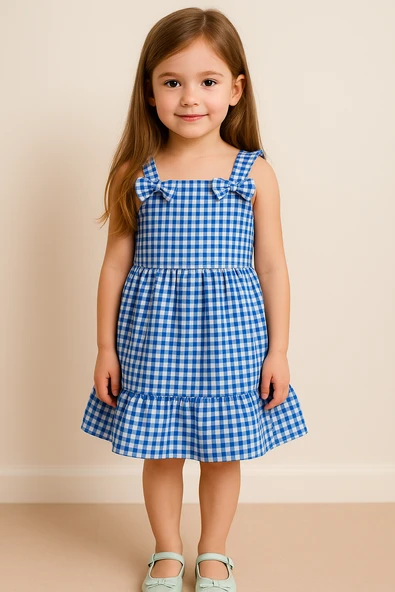 Kareli Desenli Ekose Fırfırlı Omuzdan Bağlamalı Yazlık Elbise Mavi ürün görseli 1