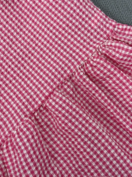 Kareli Desenli Ekose Fırfırlı Omuzdan Bağlamalı Yazlık Elbise Kırmızı + Şapka - Resim 6