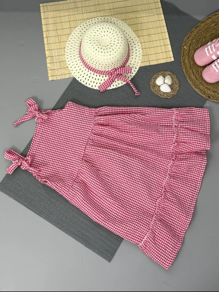 Kareli Desenli Ekose Fırfırlı Omuzdan Bağlamalı Yazlık Elbise Kırmızı + Şapka - Resim 2