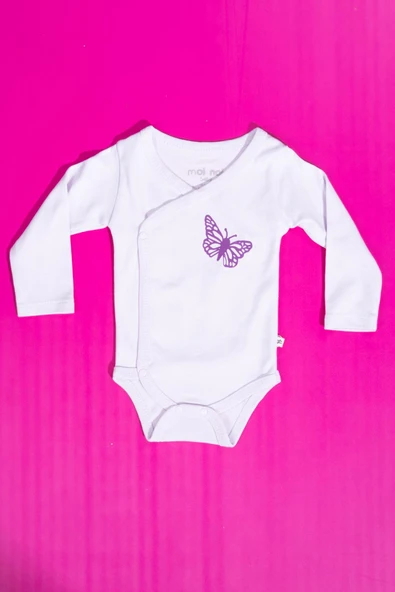 Kruvaze Uzun Kollu Kelebek Detaylı Bebek Body Lila - Resim 2