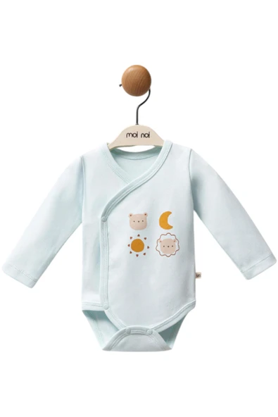Kruvaze Uzun Kollu Güneş Ay Desenli Bebek Body Mavi - 2