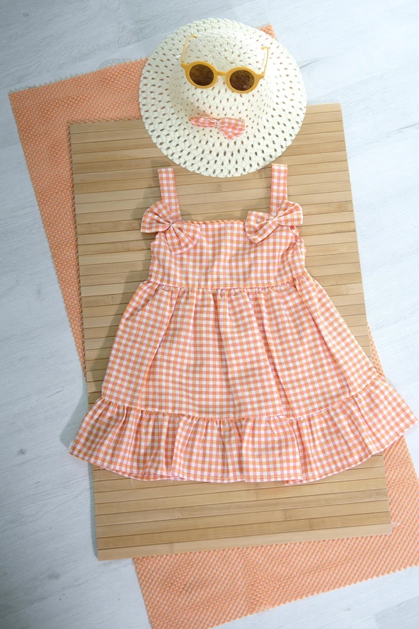 Kareli Desenli Ekose Fırfırlı Omuzdan Bağlamalı Yazlık Elbise Yavru Ağzı - 2