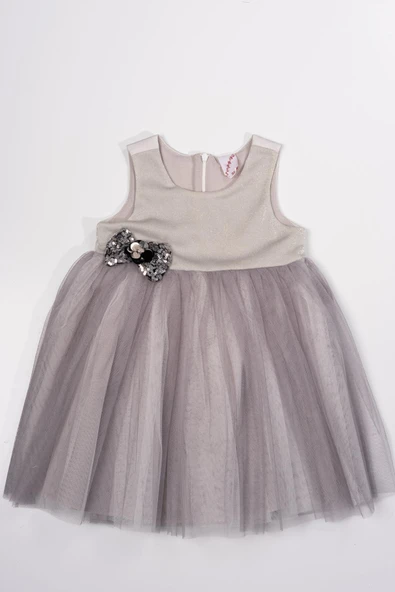 Çiçek Detaylı Tüllü Kız Çocuk Abiye Elbise Bej - Resim 3