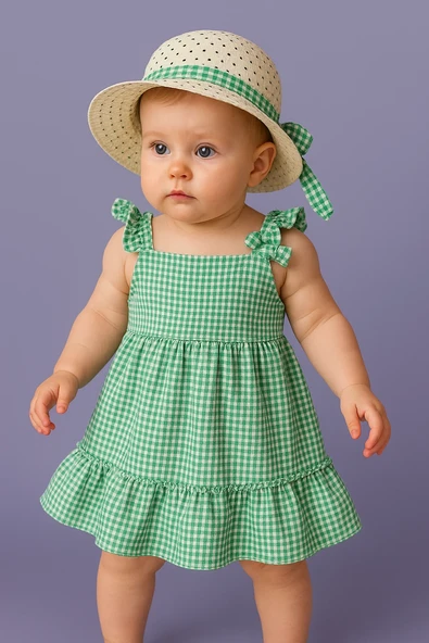 Kareli Desenli Ekose Fırfırlı Omuzdan Bağlamalı Yazlık Elbise Yeşil ürün görseli