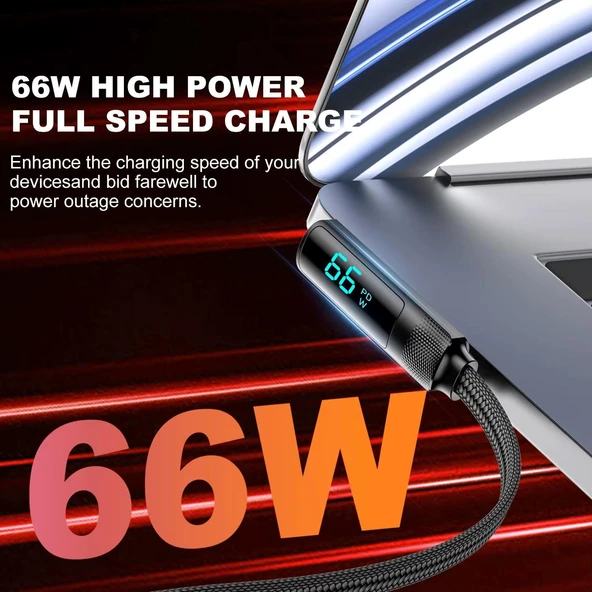 Valkyrie 66W Hızlı Şarj Kablosu – LED Ekranlı Type-C To USB Data Vertical Yatay Kablo 130cm - 6