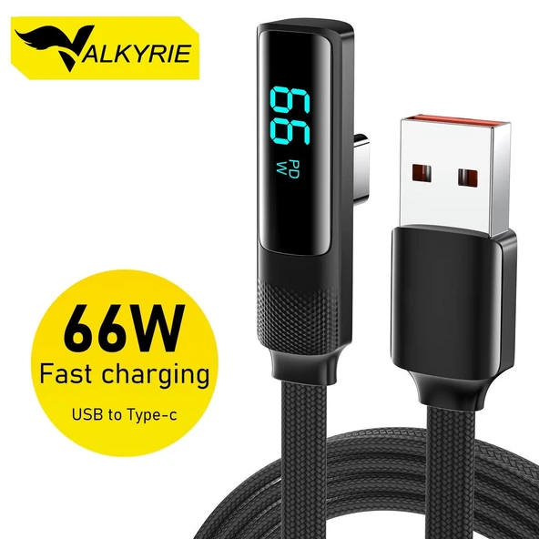Valkyrie 66W Hızlı Şarj Kablosu – LED Ekranlı Type-C To USB Data Vertical Yatay Kablo 130cm